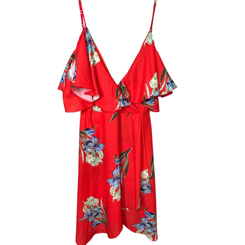 Windsor‎ Red Floral Print Ruffle Dress V Neck Spaghetti Strap Size Small